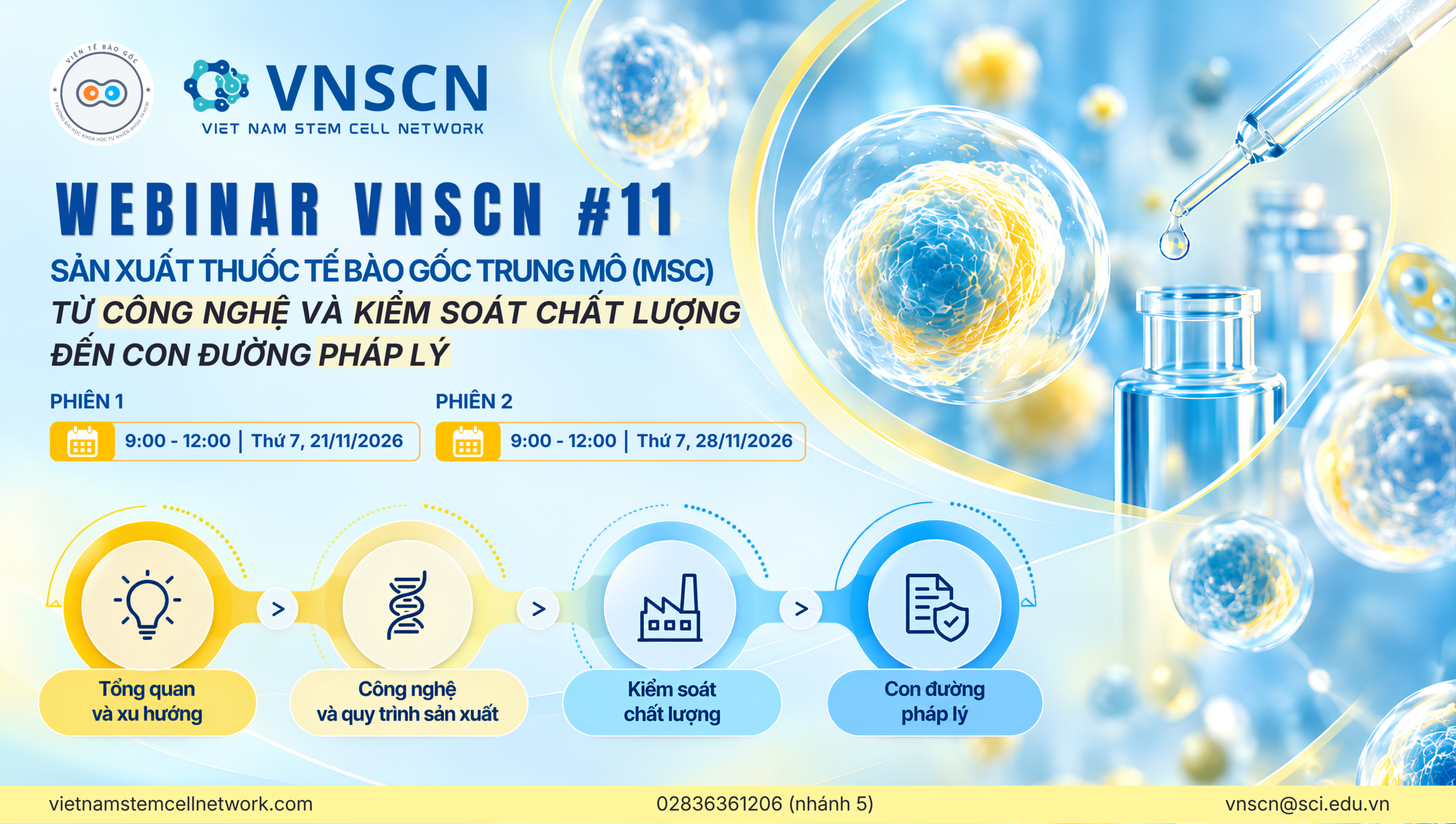 Webinar VNSCN #11: Sản xuất thuốc tế bào gốc trung mô MSC – từ công nghệ và kiểm soát chất lượng đến con đường pháp lý. Hai phiên ngày 21 và 28 tháng 11 năm 2026.